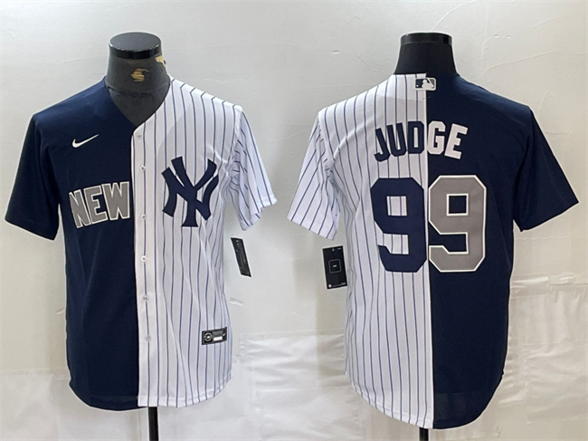 Men's New York Yankees #99 Aaron Judge Navy/White Split Cool Base Stitched Baseball Jersey